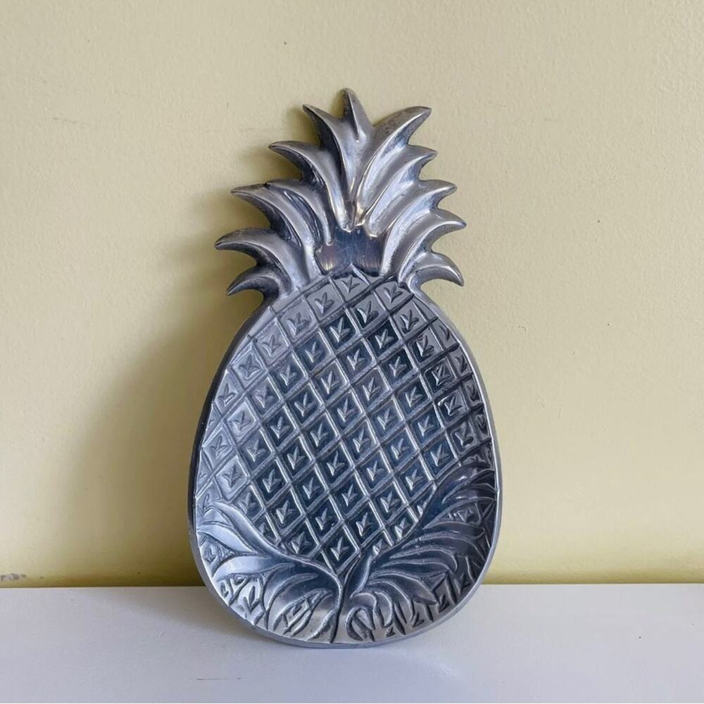 Vtg 1970s Pewter Pineapple Serving Tray Trinket Dish Decor Platter Hospitality